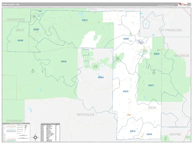 Iron County, MO ZIP Code Wall Map, Classic style