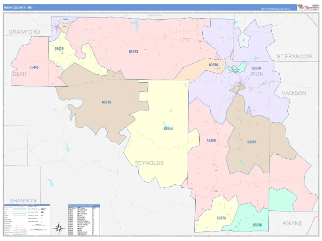 Iron County, MO ZIP Code Wall Map, ColorCast style