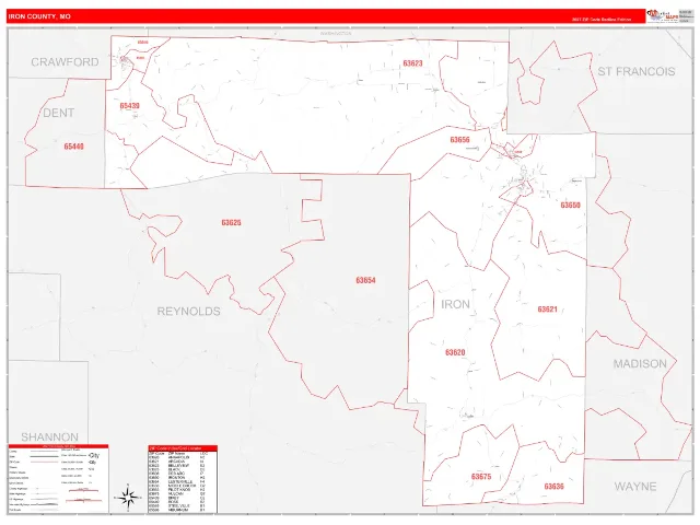 Iron County, MO ZIP Code Wall Map, RedLine style