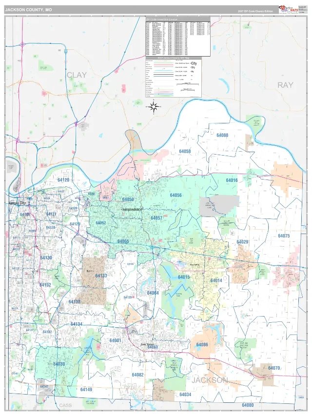Jackson County, MO ZIP Code Wall Map, Classic style