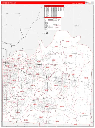 Jackson County, MO RedLine style ZIP Code wall map