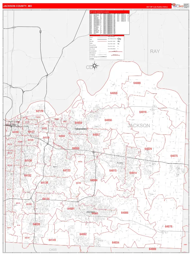 Jackson County, MO ZIP Code Wall Map, RedLine style