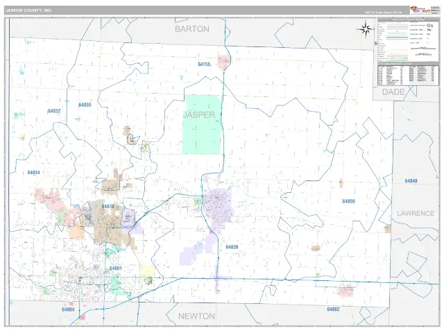 Jasper County, MO ZIP Code Wall Map, Classic style