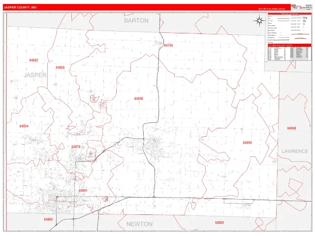 Jasper County, MO ZIP Code Wall Map, RedLine style