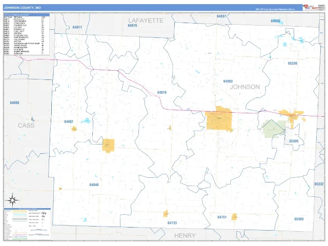 Johnson County, MO ZIP Code Wall Map, Business Reference style