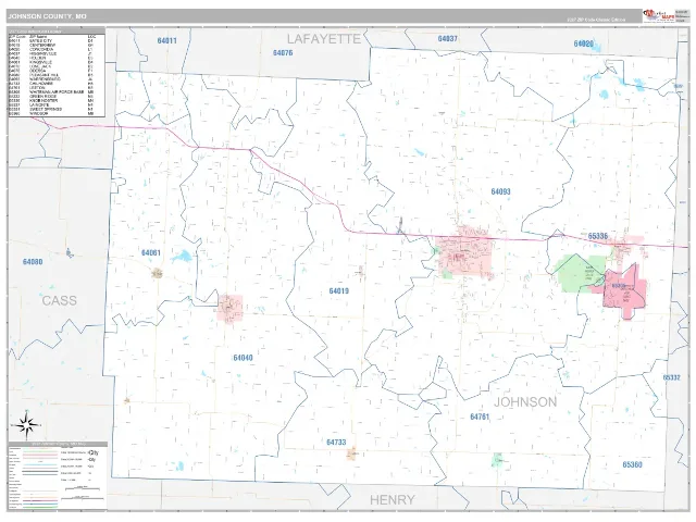 Johnson County, MO ZIP Code Wall Map, Classic style