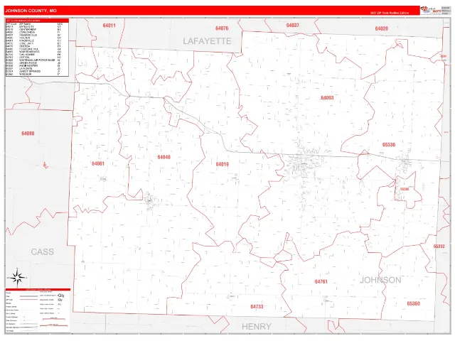 Johnson County, MO ZIP Code Wall Map, RedLine style