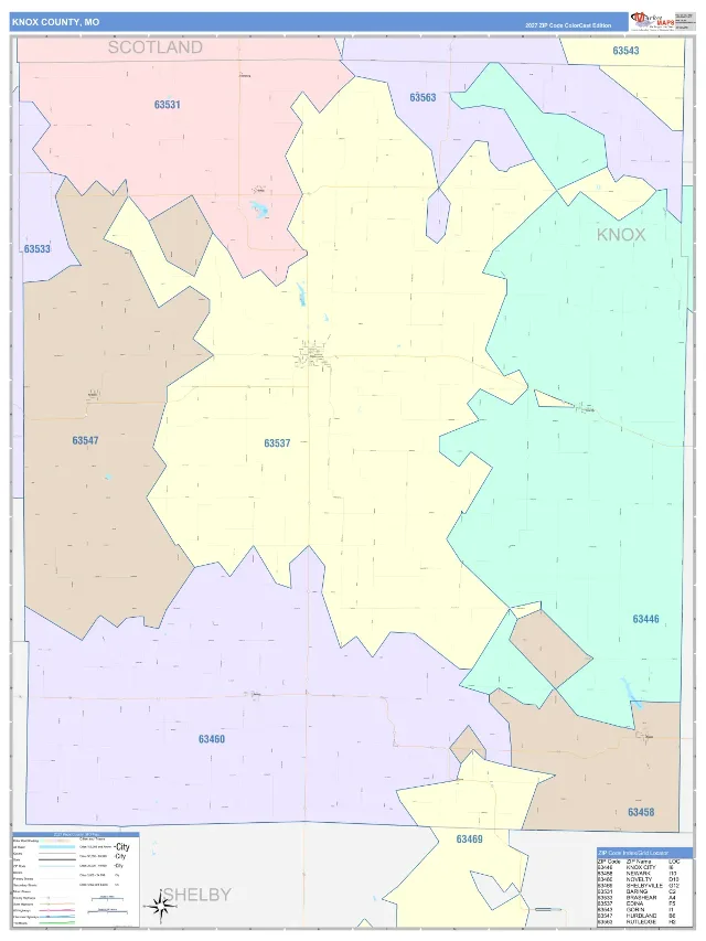 Knox County, MO ZIP Code Wall Map, ColorCast style