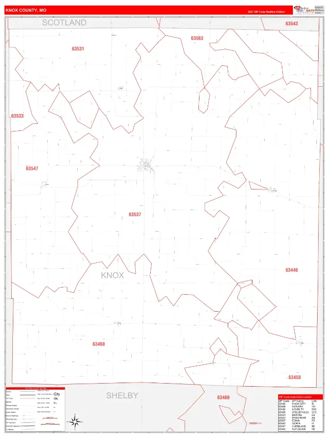 Knox County, MO ZIP Code Wall Map, RedLine style