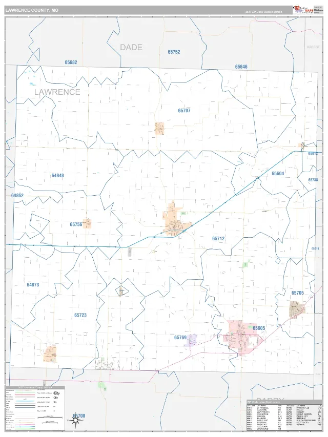 Lawrence County, MO ZIP Code Wall Map, Classic style