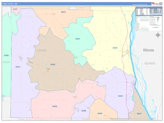 Lewis County, MO ZIP Code Wall Map, ColorCast style