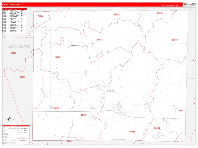 Linn County, MO ZIP Code Wall Map, RedLine style