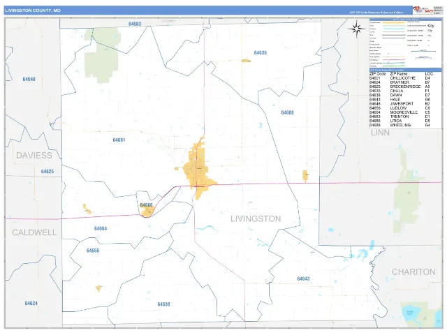 Livingston County, MO ZIP Code Wall Map, Business Reference style