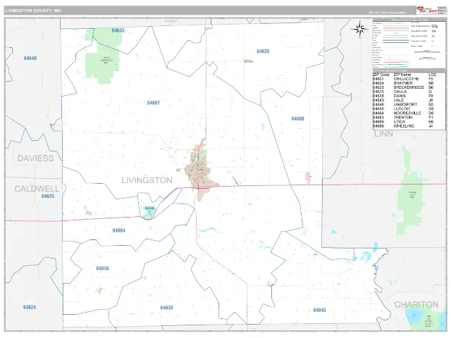 Livingston County, MO ZIP Code Wall Map, Classic style