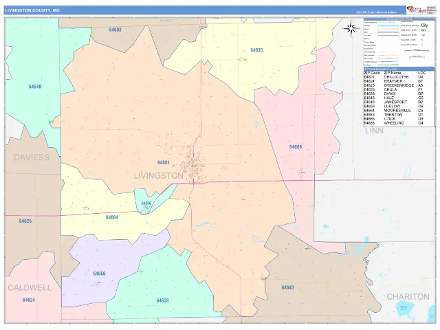 Livingston County, MO ZIP Code Wall Map, ColorCast style
