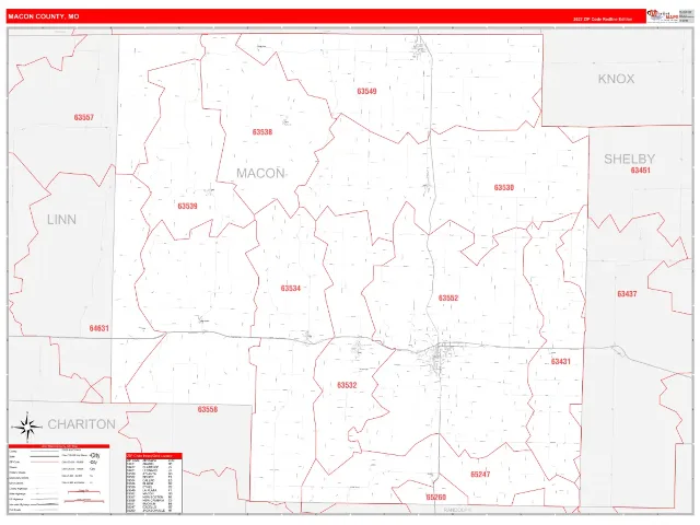 Macon County, MO ZIP Code Wall Map, RedLine style