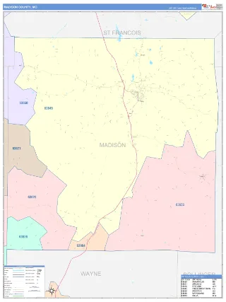 Madison County, MO ColorCast style ZIP Code wall map