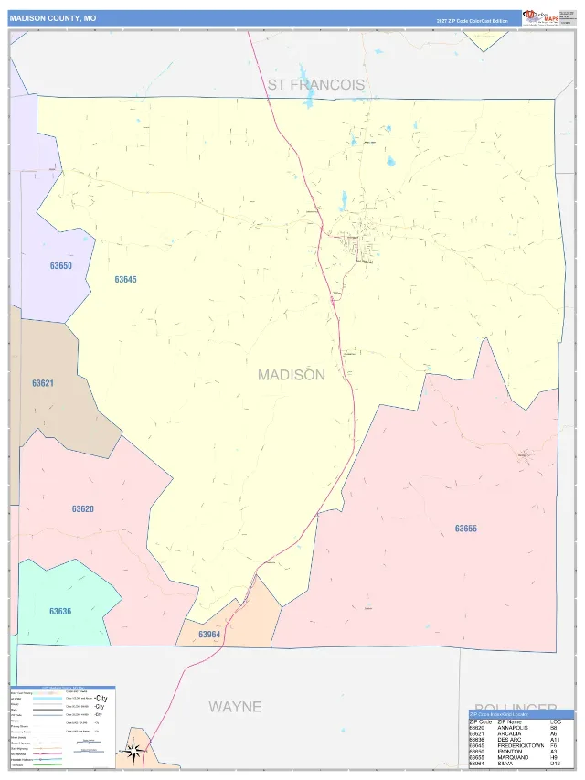 Madison County, MO ZIP Code Wall Map, ColorCast style