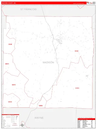 Madison County, MO RedLine style ZIP Code wall map