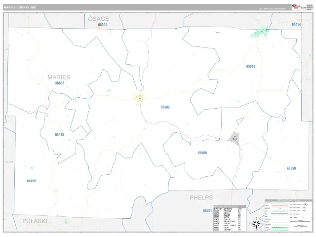 Maries County, MO ZIP Code Wall Map, Classic style