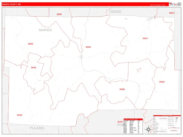 Maries County, MO ZIP Code Wall Map, RedLine style
