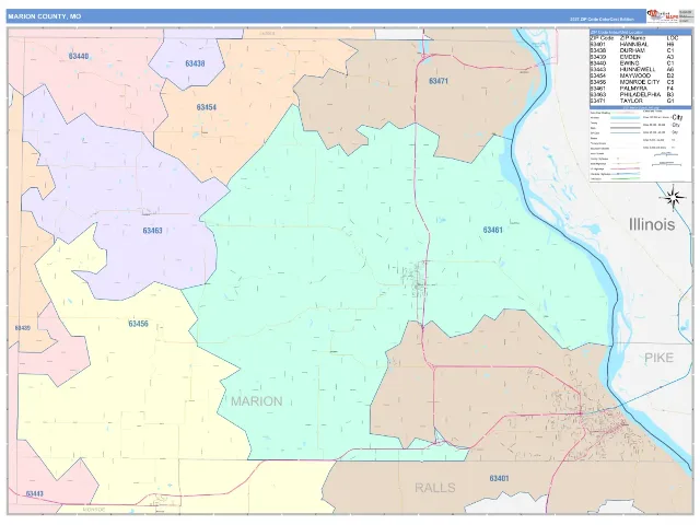 Marion County, MO ZIP Code Wall Map, ColorCast style