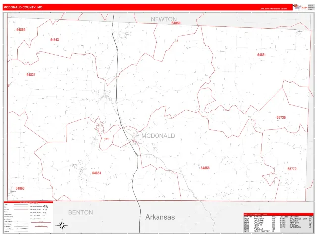 McDonald County, MO ZIP Code Wall Map, RedLine style