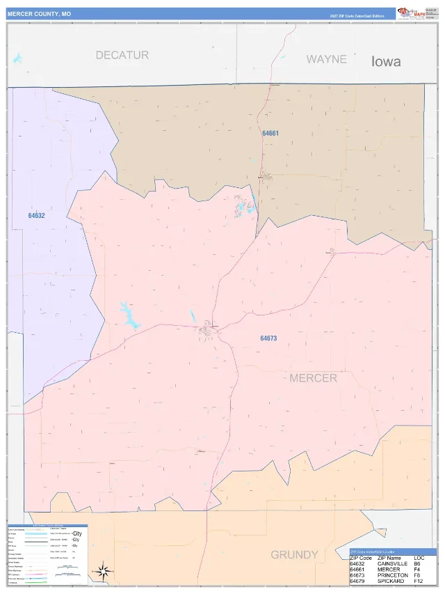 Mercer County, MO ZIP Code Wall Map, ColorCast style