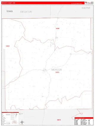 Mercer County, MO RedLine style ZIP Code wall map