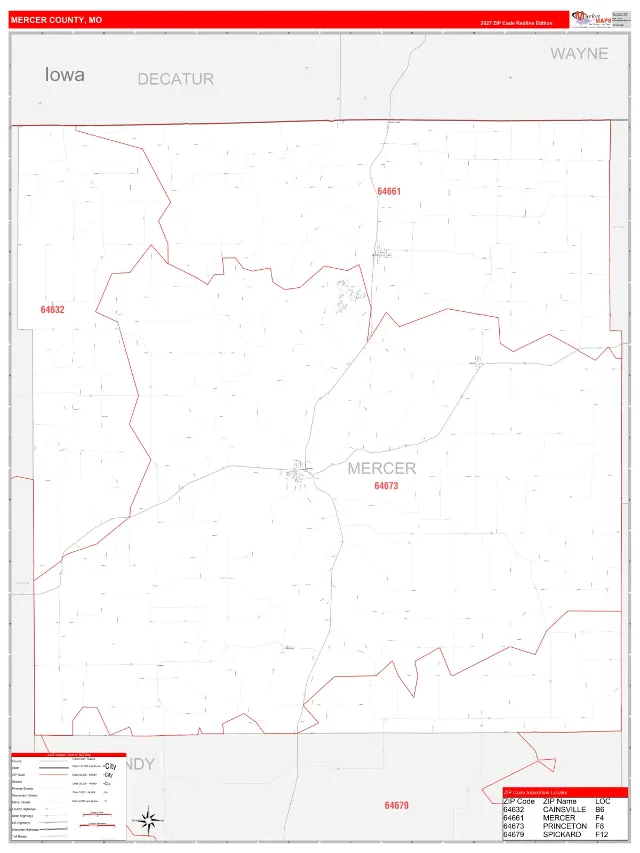 Mercer County, MO ZIP Code Wall Map, RedLine style