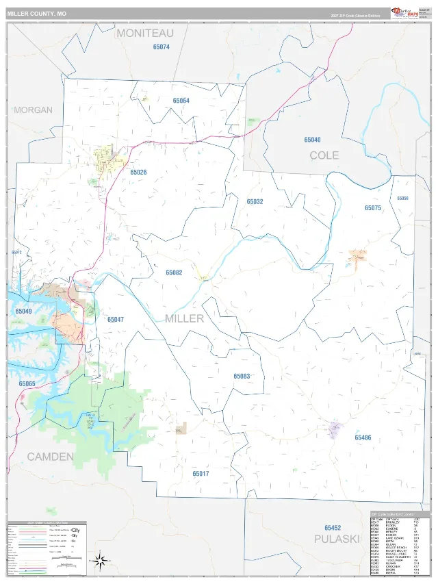 Miller County, MO ZIP Code Wall Map, Classic style