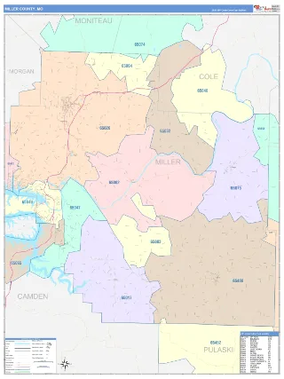 Miller County, MO ColorCast style ZIP Code wall map