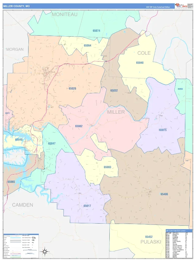 Miller County, MO ZIP Code Wall Map, ColorCast style