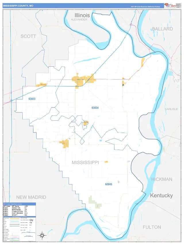 Mississippi County, MO ZIP Code Wall Map, Business Reference style