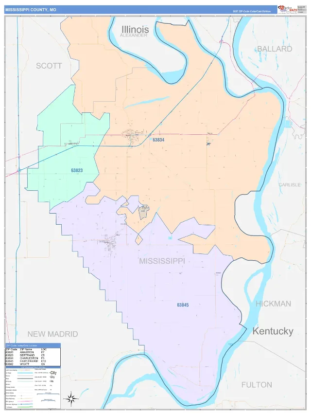 Mississippi County, MO ZIP Code Wall Map, ColorCast style