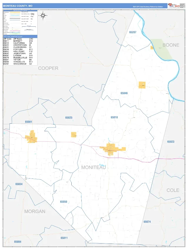 Moniteau County, MO ZIP Code Wall Map, Business Reference style