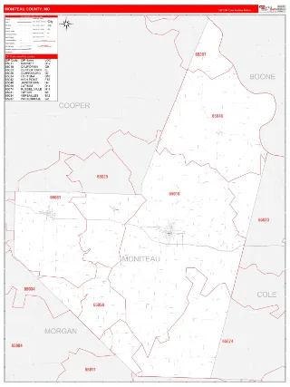 Moniteau County, MO RedLine style ZIP Code wall map