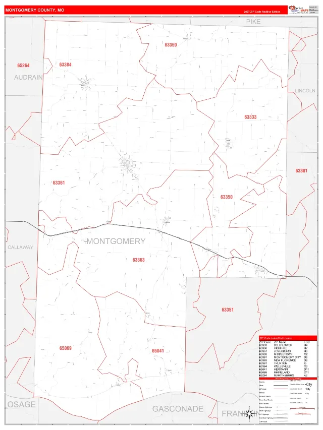 Montgomery County, MO ZIP Code Wall Map, RedLine style