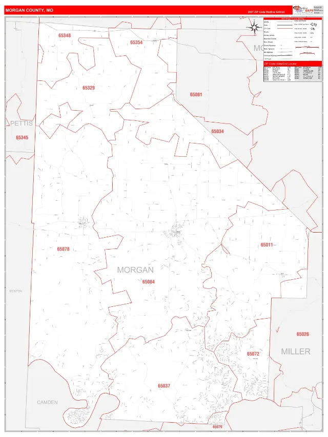Morgan County, MO ZIP Code Wall Map, RedLine style