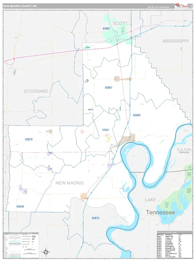 New Madrid County, MO ZIP Code Wall Map, Classic style