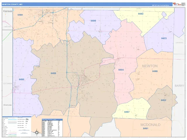 Newton County, MO ZIP Code Wall Map, ColorCast style
