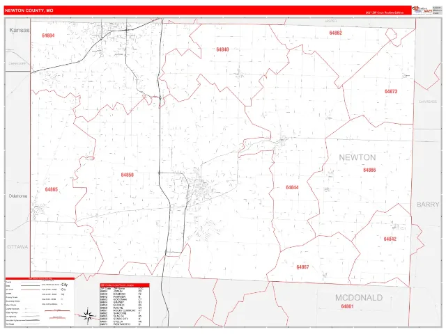 Newton County, MO ZIP Code Wall Map, RedLine style