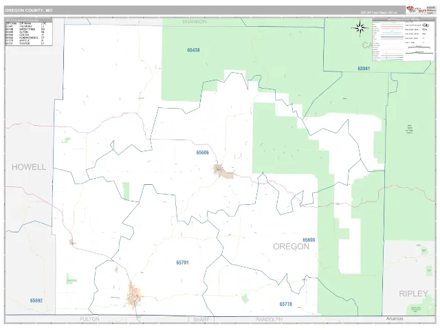 Oregon County, MO ZIP Code Wall Map, Classic style