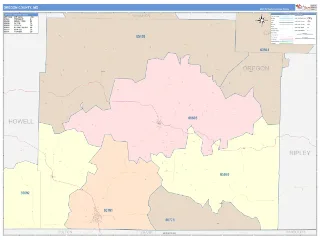 Oregon County, MO ColorCast style ZIP Code wall map