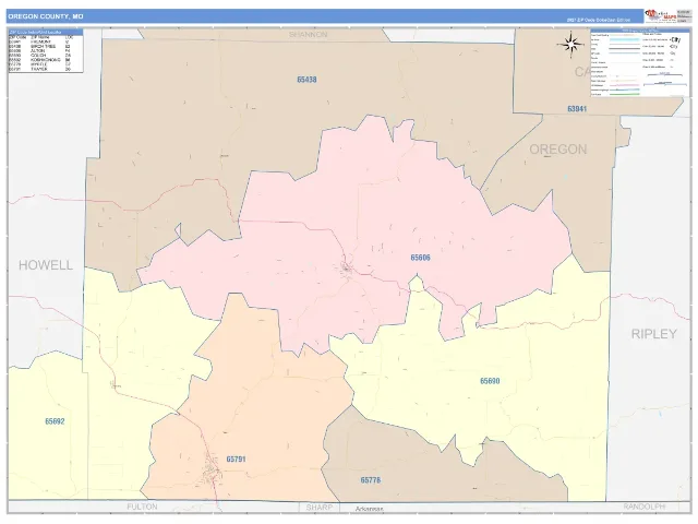 Oregon County, MO ZIP Code Wall Map, ColorCast style