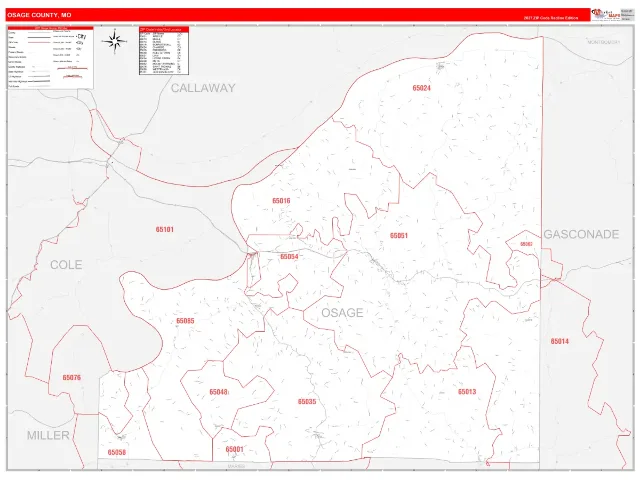 Osage County, MO ZIP Code Wall Map, RedLine style