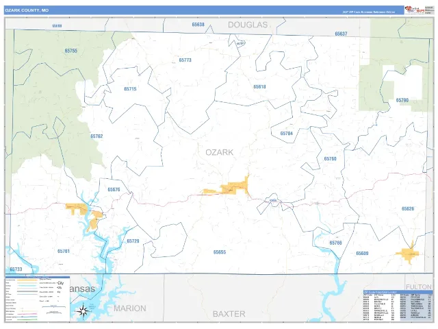 Ozark County, MO ZIP Code Wall Map, Business Reference style