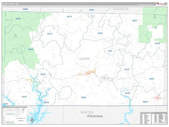 Ozark County, MO ZIP Code Wall Map, Classic style