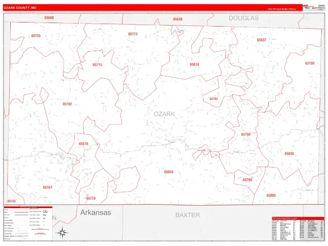 Ozark County, MO ZIP Code Wall Map, RedLine style