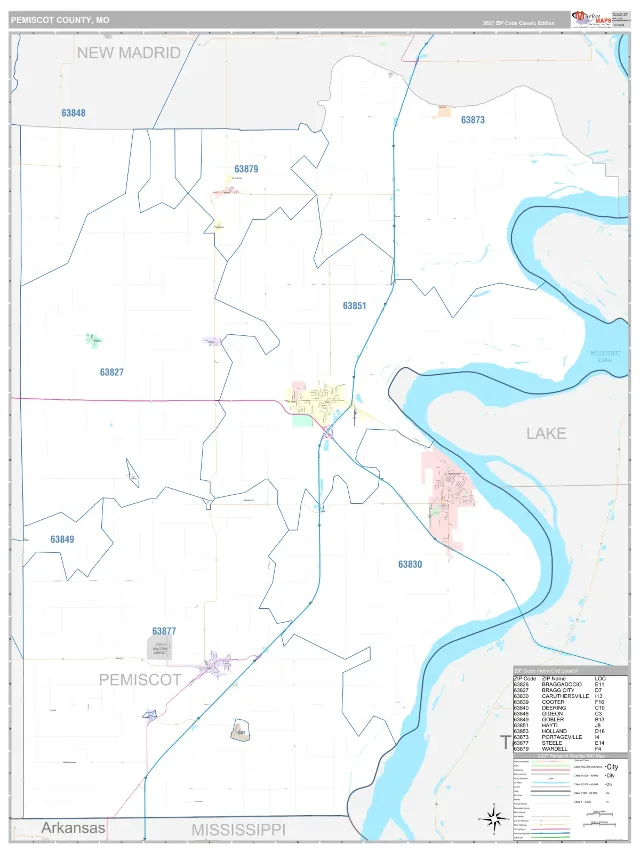 Pemiscot County, MO ZIP Code Wall Map, Classic style